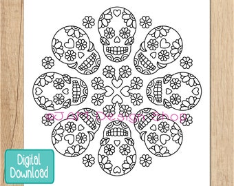 Day of the Dead, Dia de los Muertos, Sugar Skull Mandala, Halloween Party, Coloring Page, Calavera, Party Activity, Halloween Activity