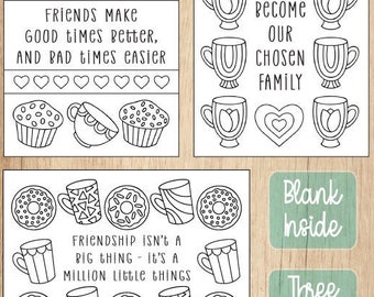 Friendship Cards, Best Friend Gift, Friendship Quotes, Coloring Cards, Printable Cards, Coffee Theme, Greeting Card Set