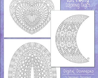 Digital Download, Coloring Page Set, Doodles, Cute, Moon, Heart, Rainbow, Easy Coloring, Art Therapy, Coloring PDF