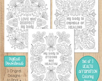 Digital Download, Coloring Page Set, Health Affirmations, Body Positivity, Self Love, Good Vibes, Affirmations for Women, Coloring PDF