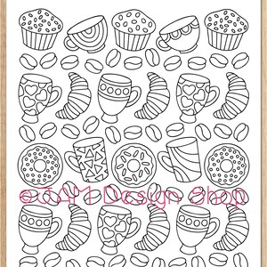 May include: A black and white coloring page featuring a coffee theme with various illustrations of coffee cups, donuts, croissants, and coffee beans. The text "Coffee Coloring Page" is at the top of the page.