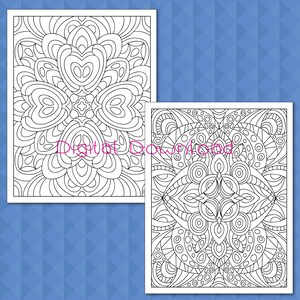 May include: Two black and white coloring pages featuring intricate geometric patterns. The first page features a circular design with a central flower shape. The second page features a square design with a central diamond shape.