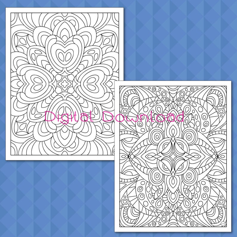 May include: Two black and white coloring pages featuring intricate geometric patterns. The first page features a circular design with a central flower shape. The second page features a square design with a central diamond shape.