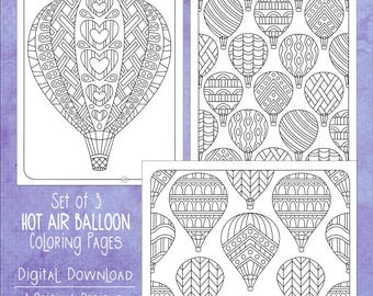 Digital Download, Coloring Page Set, Hot Air Balloon, Cute, Doodles, Balloon Race, Easy Coloring, Art Therapy, Coloring PDF