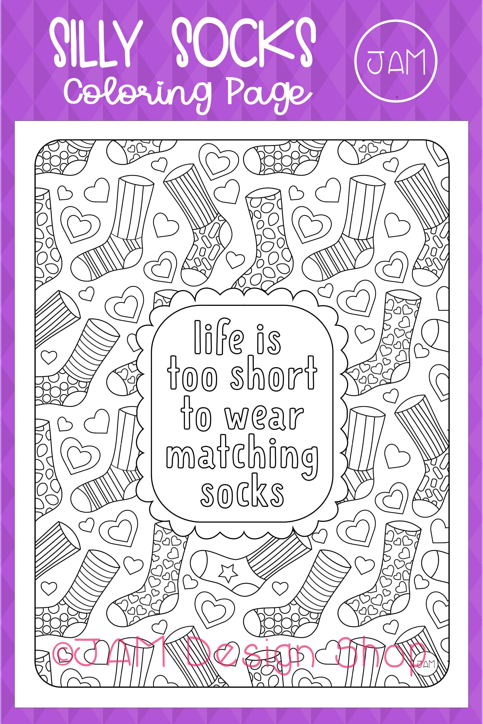 Sock Coloring Page, Positive Vibes, Mindfulness Gift, Sock Design