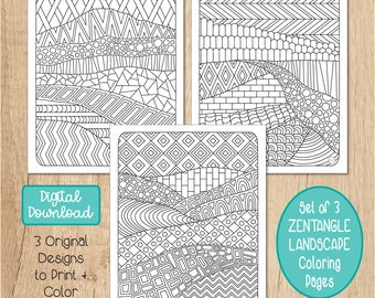 Digital Download, Coloring Page Set, Zentangle, Landscape, Nature Lover, Doodle Art, Coloring PDF
