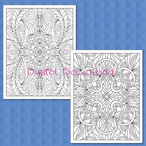 May include: Two black and white coloring pages featuring intricate geometric patterns. The patterns are made up of circles, lines, and swirls.