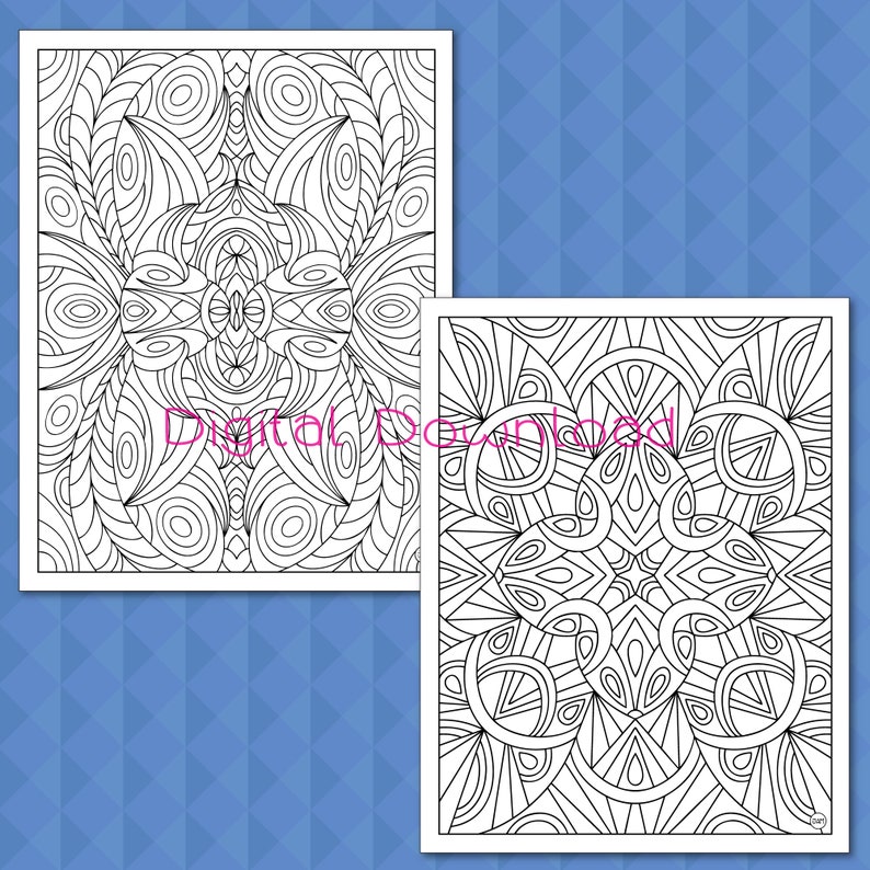 May include: Two black and white coloring pages featuring intricate geometric patterns. The patterns are made up of circles, lines, and swirls.