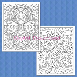 May include: Two black and white coloring pages featuring intricate geometric patterns. The designs are symmetrical and include circles, ovals, and swirls.