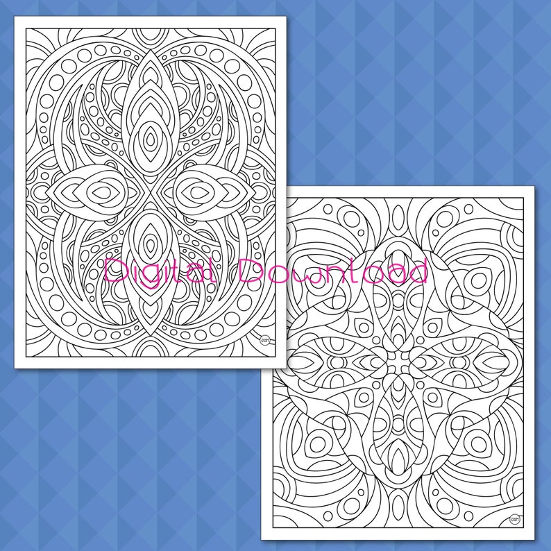 May include: Two black and white coloring pages featuring intricate geometric patterns. The designs are symmetrical and include circles, ovals, and swirls.
