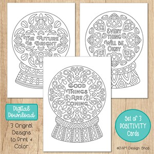 Puede incluir: Conjunto de tres páginas para colorear imprimibles con bolas de nieve con afirmaciones positivas: "El futuro es brillante", "Las cosas buenas están llegando" y "Todo estará bien".