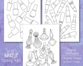 Digital Download, Coloring Page Set, Makeup, Lipstick, Nail Polish, Perfume, Girly, Easy Coloring, Art Therapy, Coloring PDF