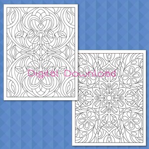 May include: Two black and white coloring pages featuring intricate geometric patterns. The first page has a symmetrical design with curved lines and shapes. The second page has a circular design with a star-like center.