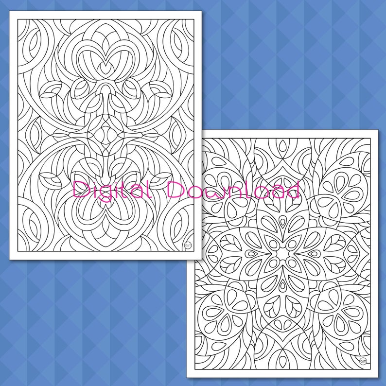 May include: Two black and white coloring pages featuring intricate geometric patterns. The first page has a symmetrical design with curved lines and shapes. The second page has a circular design with a star-like center.