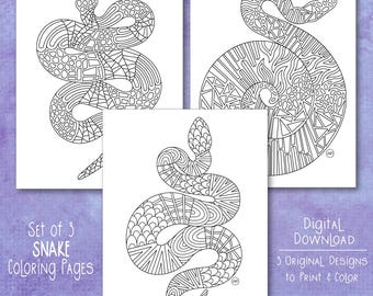 Digital Download, Coloring Page Set, Snake Lovers, Reptiles, Serpents, Zentangle, Doodles, Snake Pattern, Coloring PDF