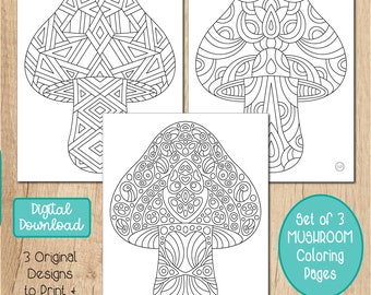 Coloring Sheet, Mushroom Coloring Page, Kids Coloring, Mushroom Theme, Digital Download, Stress Relief Gift, Mindfulness