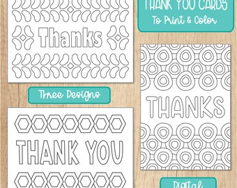 Color Your Own Thank You Cards, Digital Download, Geometric Designs, Coloring Cards, Printable Cards, Thanks
