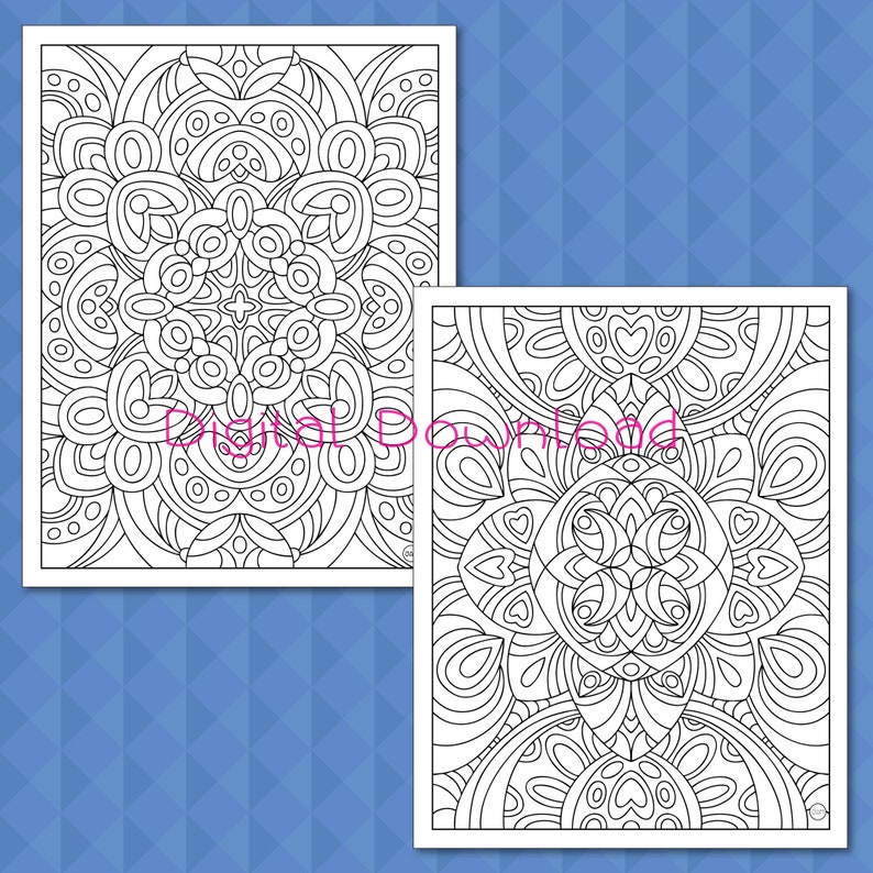 May include: Two black and white printable coloring pages featuring intricate mandala designs. The first page features a circular mandala with a central flower design. The second page features a circular mandala with a central heart design.