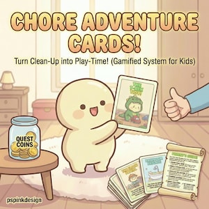 May include: A cartoon illustration promoting "Chore Adventure Cards!" with a smiling character holding a card showing a dinosaur. Other cards and a jar of "Quest Coins" are also visible. The text says "Turn Clean-Up into Play-Time! (Gamified System for Kids)".