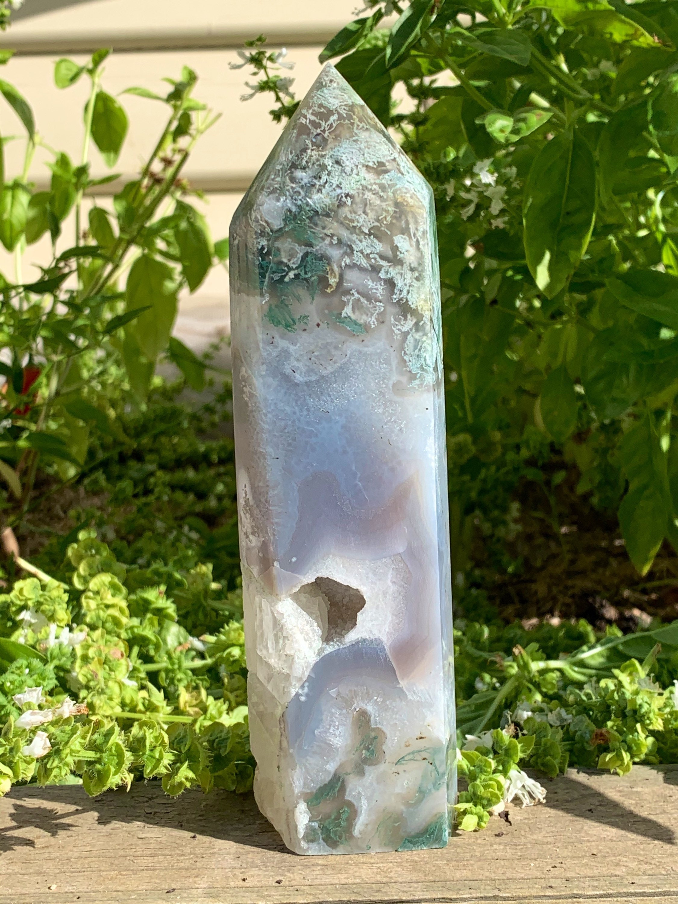 Large Moss Agate Tower with Druzy | Etsy