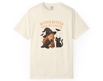 T-shirt koffieliefhebber heks | Uniseks Halloween-T-shirt, cadeau voor Witchy Friends, leuk grafisch T-shirt heks