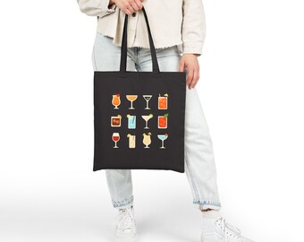 Colorful Cocktail Canvas Tote Bag | Eco-Friendly Grocery Bag, Beach Bag, Gift Bag for Cocktail Lovers