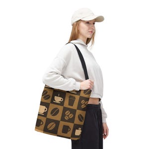 Coffee Lover Tote Bag, AOP Coffee Shop Bag, Reusable Shopping Tote, Gift for Barista, Coffee Enthusiast, Brown Coffee Graphic