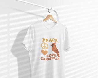 Cardinals Peace Love Unisex Garment-Dyed T-shirt, Red Bird Nature Tee, Cardinal Bird Lover Gift, Graphic Tee, Vintage Style Shirt