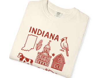 インディアナシャツ - ユニセックスガーメントダイTシャツ、インディアナグラフィックTシャツ、ヴィンテージスタイルインディアナTシャツ、レトロインディアナシャツ、インディアナお土産