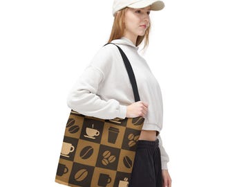 Bolso de mano para amantes del café, bolso para cafetería, bolso de compras reutilizable, regalo para baristas y entusiastas del café, estampado de café marrón.