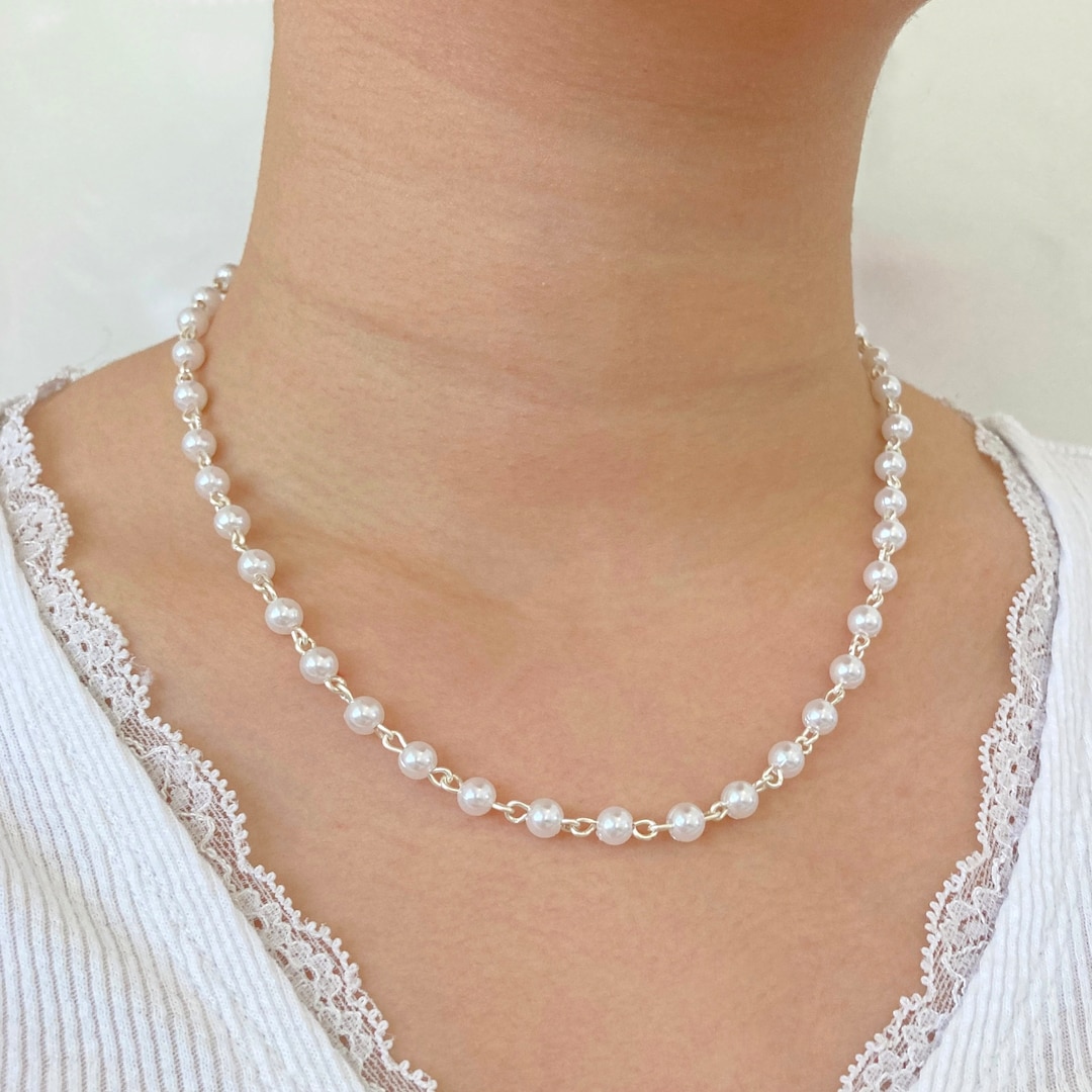 ◇HYERES LOR◇ H Edition Silver (Y) White Pearl Bead Necklac Pearl and silver bead necklace | Mademoiselle Jules | | Simons