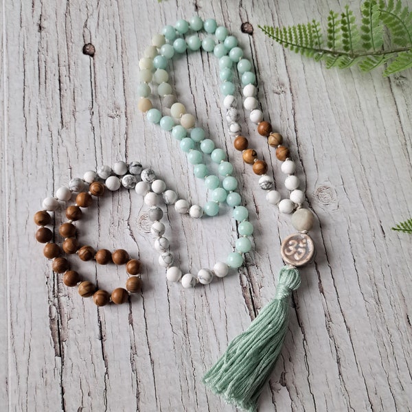 108 Gemstone bead Mala - Amazonite, Howlite, and Wood Jasper