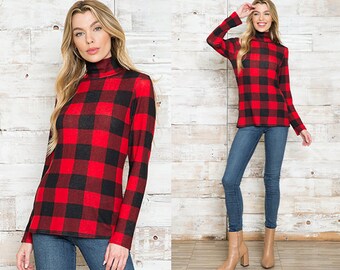 Plaid Long Sleeve Turtleneck Top - Etsy 