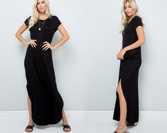 Solid Short Sleeve Maxi Dress with Side slit, Beach Dress, Summer Dress, Maxi Dress (1/2)