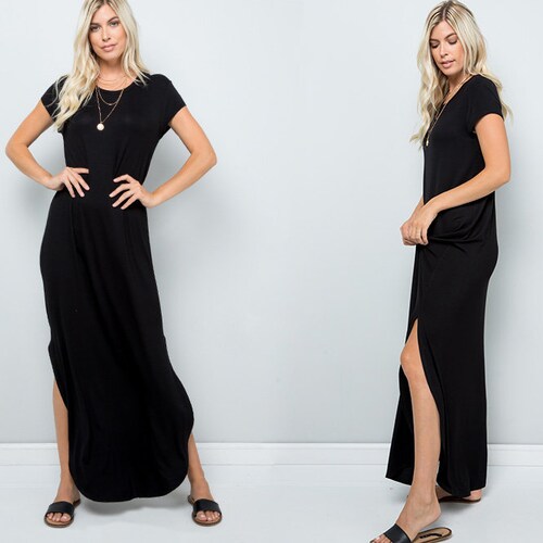 Solid Short Sleeve Maxi Dress With Side 