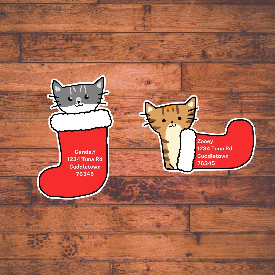 Cat Lable Custom Christmas Cat Labels - Stocking - Etsy