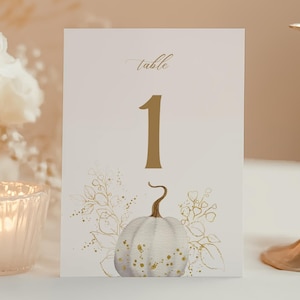 EDITABLE | White and Gold Pumpkin Table Number Template, 0017AA
