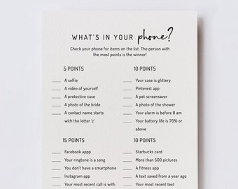 EDITABLE | What's In Your Phone Game Template, Minimalist Bachelorette Party / Bridal Shower Game, 0001AA