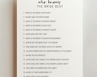 Who Knows the Bride Best, Bachelorette Party Game, Editable Template, 0001AA