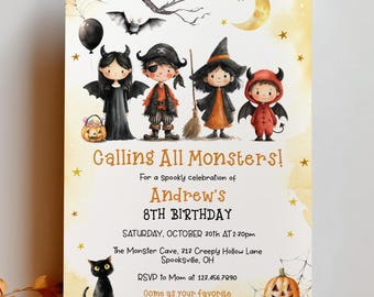 Halloween Birthday Invitation Template, Calling All Monsters, 0062AA (Editable)