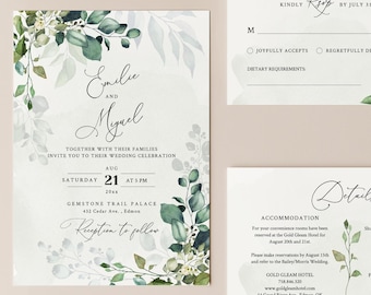 EDITABLE | Eucalyptus Greenery Wedding Invitation Template Set, 0006AA