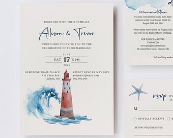EDITABLE | Lighthouse Wedding Invitation Template Set, 0012AA