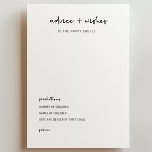 Könnte beinhalten: Eine weiße Karte mit schwarzem Text. Der Text lautet "advice + wishes" und "TO THE HAPPY COUPLE". Darunter sind "predictions" mit Platz für Details zu Kindern aufgeführt. Die Karte hat ein minimalistisches Design und ein "Tento"-Logo.