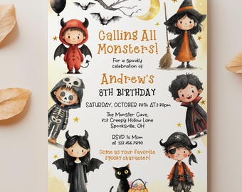 Halloween Birthday Invitation Template, Calling All Monsters, 0062AA (Editable)