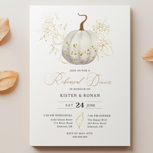 EDITABLE | White and Gold Pumpkin Rehearsal Dinner Invitation Template, 0017AA