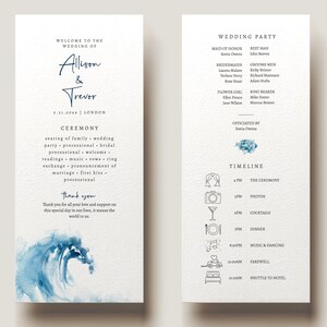 May include: Wedding invitation with a blue watercolor wave design. The invitation includes the couple's names, wedding date, and location. The back of the invitation includes a wedding party list and a timeline of events.