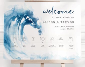 May include: A welcome sign for a wedding with a blue watercolor wave design. The sign includes the names Alison & Trevor, the location Portland, Oregon, and the date August 21, 20xx. The sign also includes a timeline of events for the wedding day.