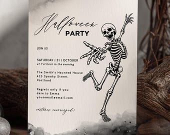 Skeleton Halloween Party Invitation, Editable Template, 0027AA