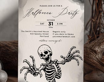 Skeleton Halloween Party Invitation, Editable Template, 0027AA