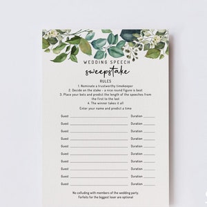 EDITABLE | Wedding Speech Sweepstake, Eucalyptus Wedding Game Template, 0006AA